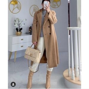 Zara Camel Faux Fur Double Breasted Long Coat Size L